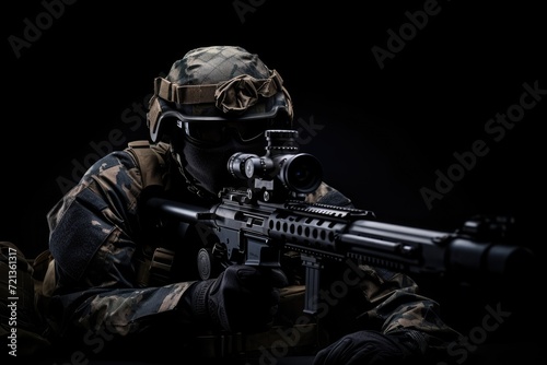 Soldier Holding Rifle During Combat Operation, Portrait of a soldier or private military sitting with a sniper rifle on a black background, anonymous face, AI Generated