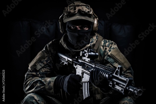 Man in Camouflage Holding Rifle, A Concealed Soldier Aiming Weapon, Portrait of a soldier or private military sitting with a sniper rifle on a black background, anonymous face, AI Generated