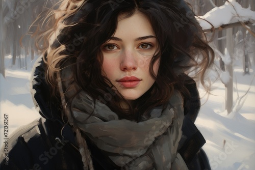 A stunning depiction of a woman standing confidently amidst a snowy landscape, portrait of a woman in winter, AI Generated