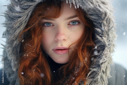 A woman with vibrant red hair wearing a cozy hood made of fur, portrait of a woman in winter, AI Generated