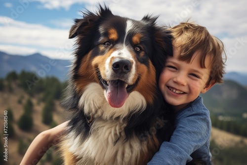 A Boy Hugging a Dog on Top of a Mountain, Portrait of cute bernese shepherd and little boy on the car window vacation travel, AI Generated © Iftikhar alam