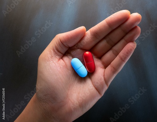 手のひらにある赤と青の2種類のカプセル錠剤