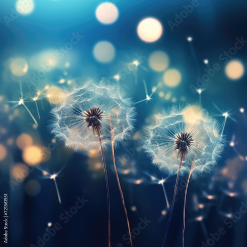 Dandelion seeds with bokeh lights at night  Soft focus