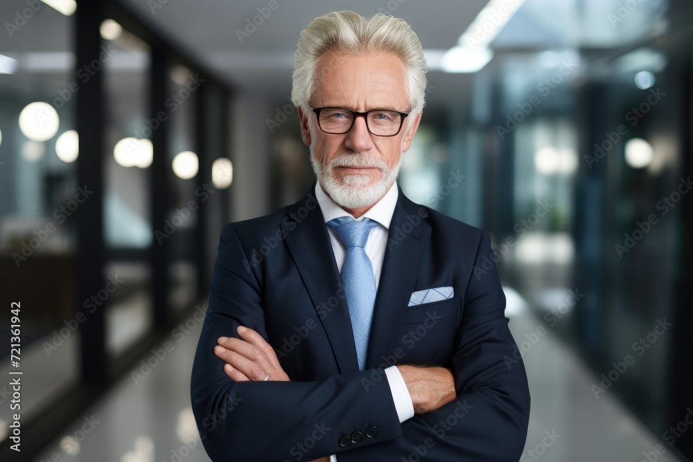 A professional man exuding confidence as he stands with his arms crossed, wearing a smart suit and tie, portrait of successful senior businessman consultant looking at camera, AI Generated A professional man exuding confidence as he stands with his arms crossed, wearing a smart suit and tie, portrait of successful senior businessman consultant looking at camera, AI Generated