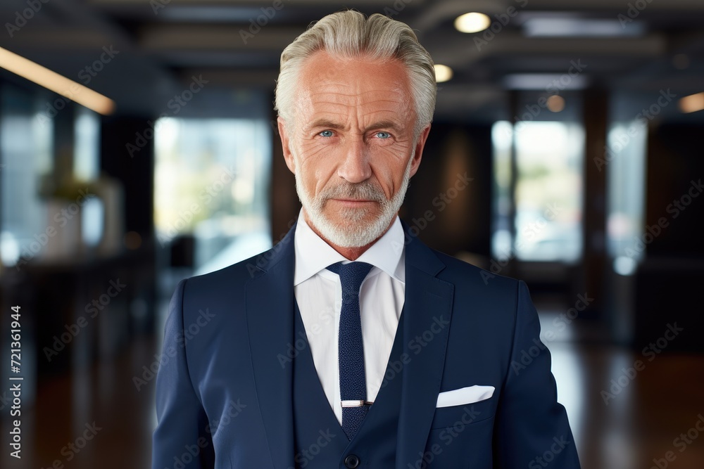 A professional man dressed in a suit and tie stands confidently in a well-lit room, portrait of successful senior businessman consultant looking at camera, AI Generated