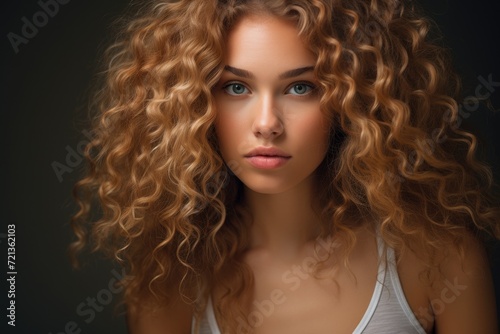 A woman with long curly hair wearing a tank top, Portrait of young woman with blonde natural curly hair, AI Generated