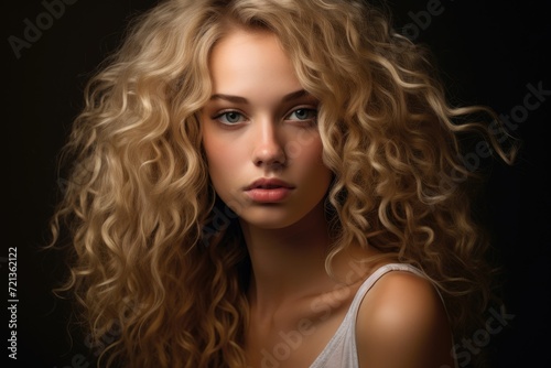 A woman with blonde hair strikes a pose while an image is captured, Portrait of young woman with blonde natural curly hair, AI Generated