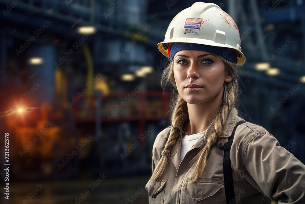 A woman wearing a hard hat on a factory floor, ensuring safety while working in a manufacturing facility, Pretty female worker in white hard hat oil rig background, AI Generated A woman wearing a hard hat on a factory floor, ensuring safety while working in a manufacturing facility, Pretty female worker in white hard hat oil rig background, AI Generated