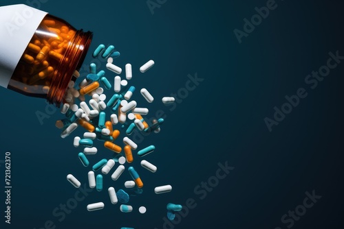 Pills Spilling Out of Bottle, Medication Overflowing, Prescription Pills Falling Out, Prescription opioids, with bottle of many pills on the mirror light table, AI Generated photo