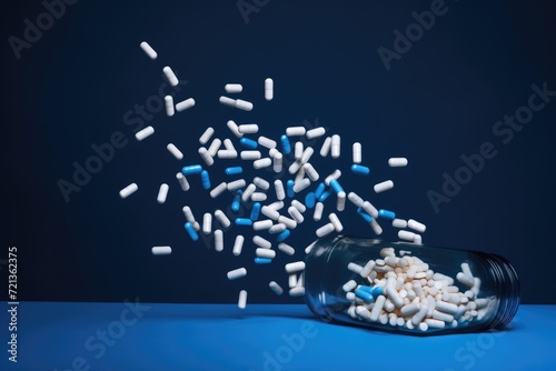 An image featuring a bottle containing a mixture of white and blue pills, Prescription opioids, with bottle of many pills on the mirror light table, AI Generated