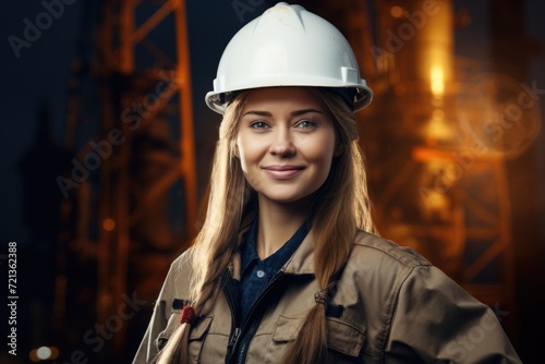 A woman in a factory wearing a hard hat to ensure her safety and prevent head injuries, Pretty female worker in white hard hat oil rig background, AI Generated