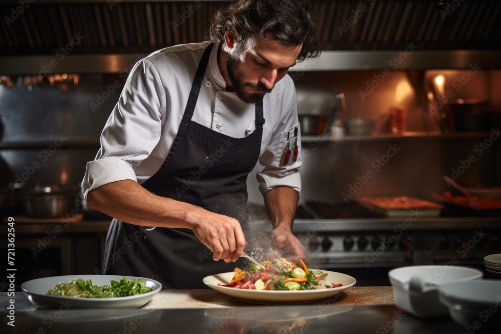 A man is captured in the kitchen, skillfully preparing food on a plate for a delicious meal, Professional male chef in a kitchen making an elaborated dish, AI Generated
