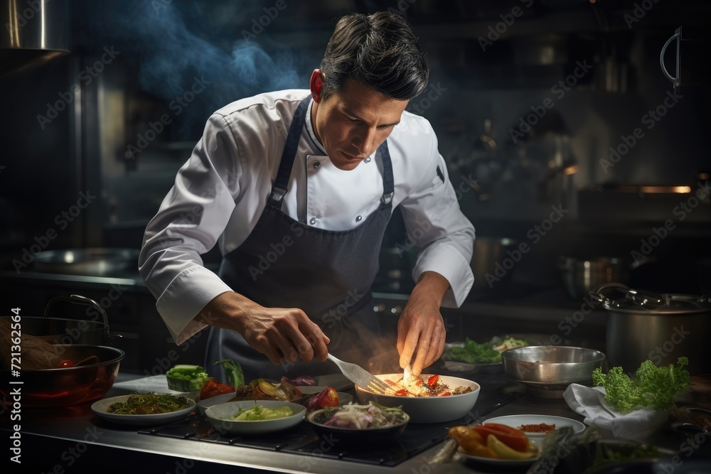 A skilled culinary professional in a chefs uniform prepares delicious food in a busy kitchen, Professional male chef in a kitchen making an elaborated dish, AI Generated A skilled culinary professional in a chefs uniform prepares delicious food in a busy kitchen, Professional male chef in a kitchen making an elaborated dish, AI Generated
