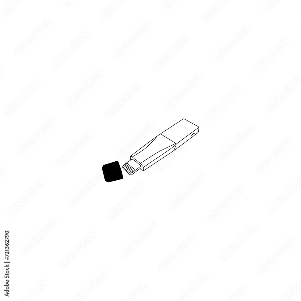 Unidad flash USB negra con trazo y clip de metal. vector illustration of USB isolated.