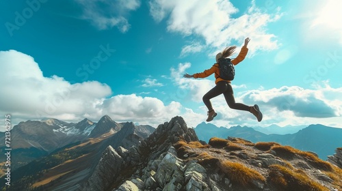 person jumping on a mountain top