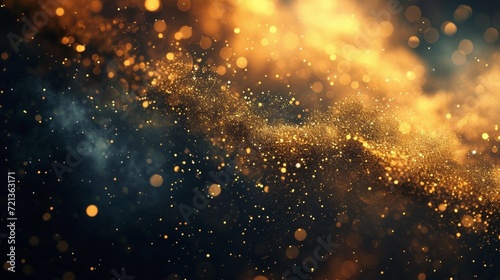 A vibrant explosion of gold dust and speckles, against the contrasting stillness of a dark space backdrop