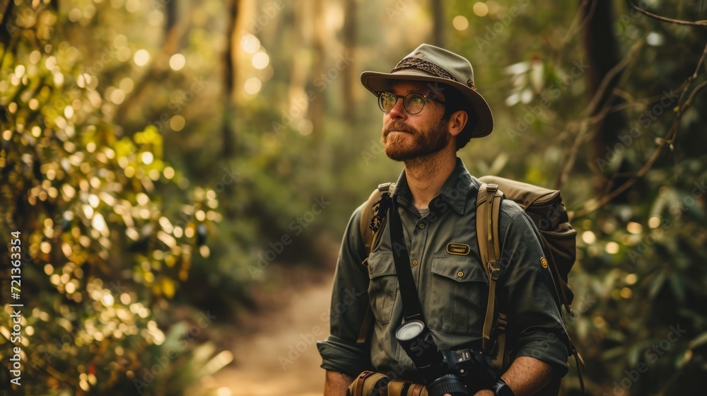 Nature Photographer in Forest with Camera, Wearing Hat and Backpack, Surrounded by Greenery and Sunlight