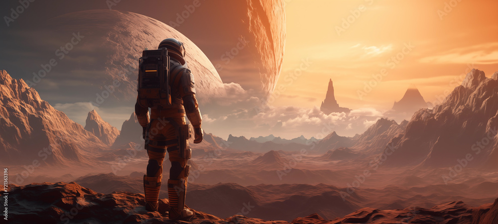 A space explorer stands on an alien planet - obrazy, fototapety, plakaty 
