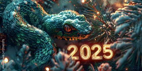 A dragon with a red eyes and a green, 2025, New Year, new year concept, "2025" write in BOLD TEXT,  red theme banner, chinese new year, generative ai © Saleem