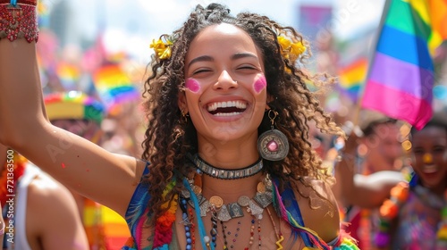 A close-up image of a group of friends at a Pride Month celebration, smiling and embracing