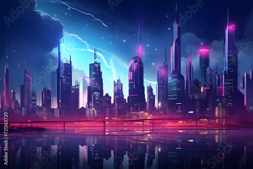 Neon cityscape with futuristic buildings © sugastocks