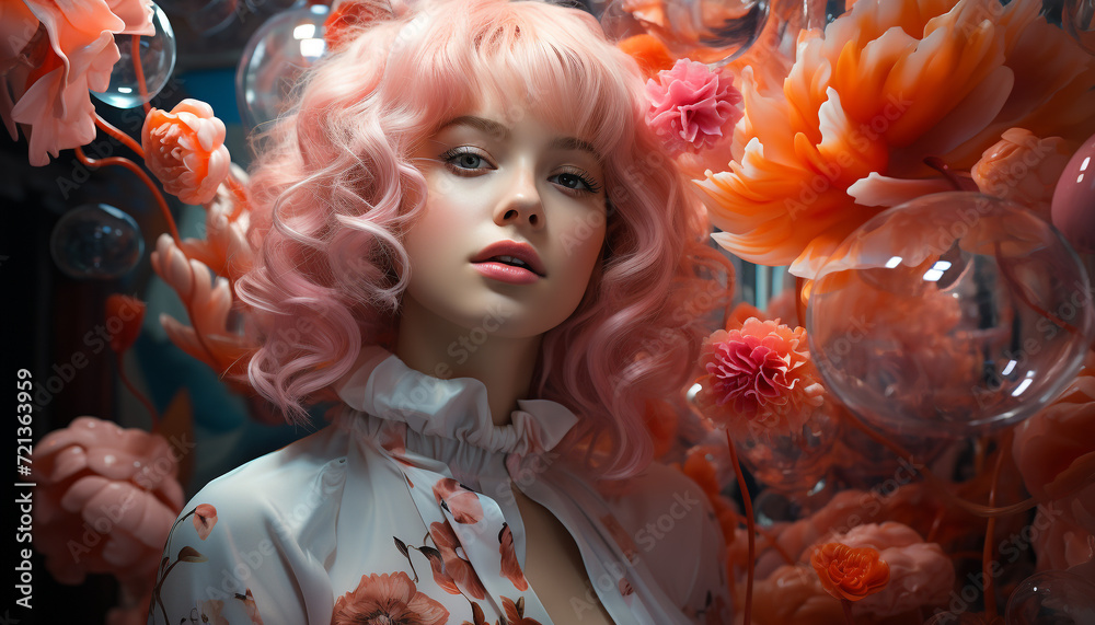 A beautiful blond fashion model smiles, holding a flower gift generated by AI