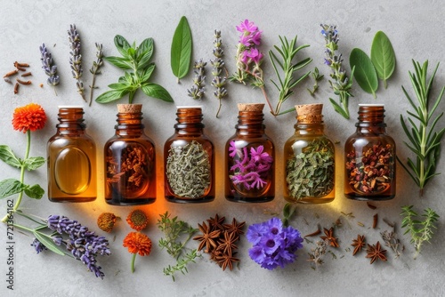 vials of essential oil and herbs on a white background. The concept of health