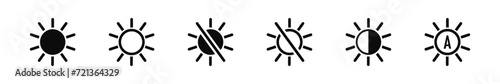 Contrast level button. Sun or screen brightness. Set of brightness control icons. Screen brightness and contrast settings icon vecror design style