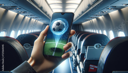 A hand holding a phone with a 3D football hologram floating outside, on a plane, epitomizes the convenience of watching sports mid-flight, perfect for travel ads. AI Generated.