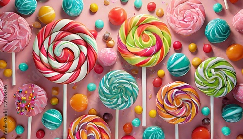 a charming digital illustration featuring a collection of colorful lollipops surrounded by an enchanting variety of candy on a soft pink background. Capture the whimsy and sweetness of the candy world