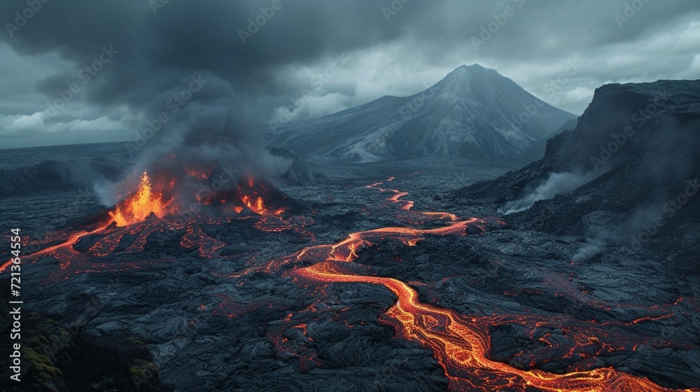 A volcanic landscape with lava rivers, smoky skies, and rugged, blackened terrain