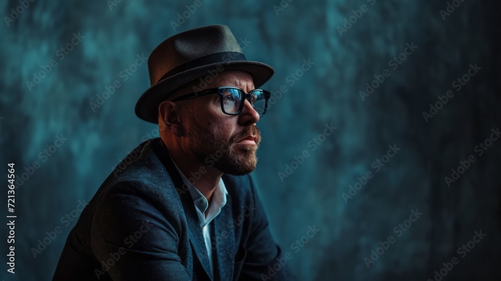 Mysterious Man in Fedora Hat and Suit Jacket, Profile View Against Textured Blue Background Mysterious Man in Fedora Hat and Suit Jacket, Profile View Against Textured Blue Background