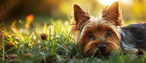 Yorkshire Terrier Lazing in Sunlit Grass photo