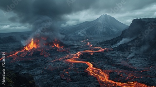 A volcanic landscape with lava rivers, smoky skies, and rugged, blackened terrain