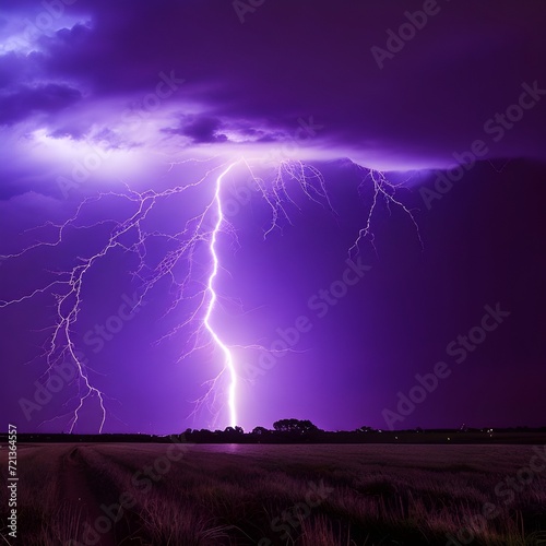 A lightning strike in a field with purple sky and dark clouds.