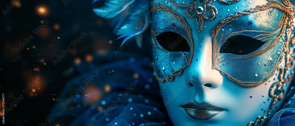 Blue carnival venetian mask with silver decoration on black background with copy space. Illustration