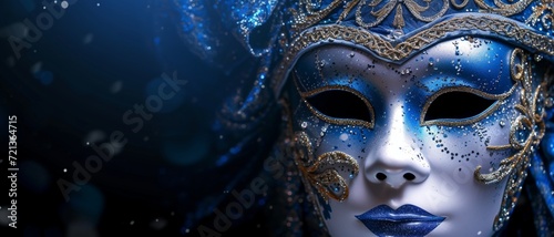 Blue carnival venetian mask with silver decoration on black background with copy space. Illustration