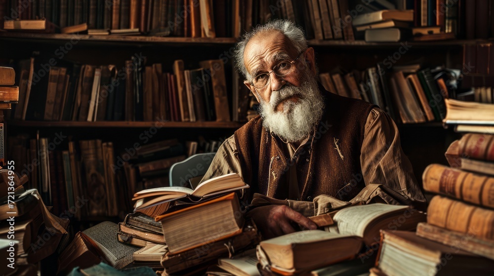 Elderly Man Engrossed in Reading in a Cozy, Dimly Lit Library Surrounded by Vintage Books