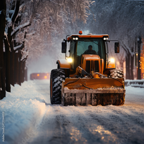 Tractor with a snow plow is plowing snow from a road during hard winter