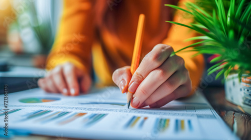 In close-up, the woman's hand points to graphs and diagrams for analyzing market data, balance sheet, net profit, and for planning new sales strategies in order to increase production capacity.
