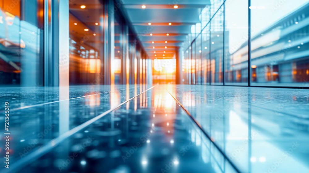 A business office without people with the rays of the setting sun, with a blurred background in the bokeh style, with glass partitions A business office without people with the rays of the setting sun, with a blurred background in the bokeh style, with glass partitions