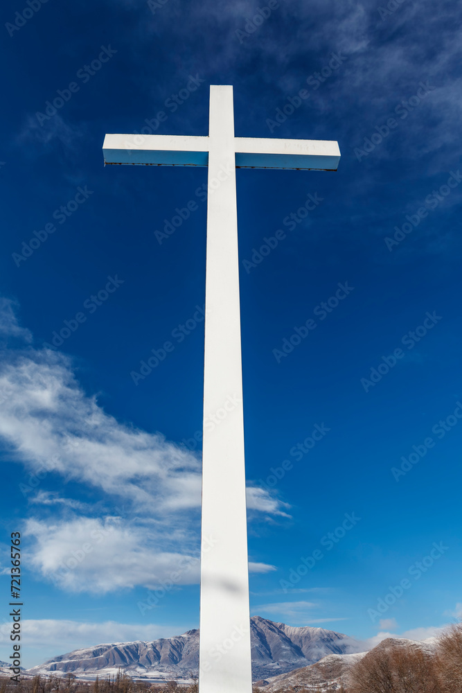 Big white cross against a blue sky in Tafi del Valle, Tucuman, Argentina, South America
