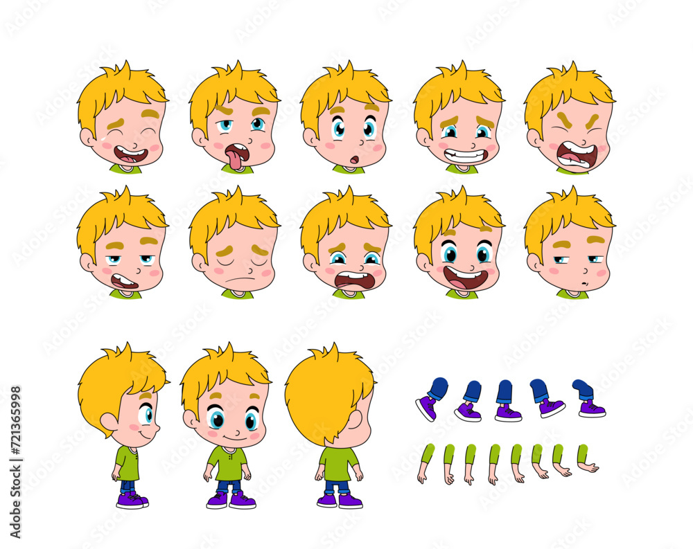 Set of elements for creating boy character animation. Little preschool cute boy with different emotions, gestures, poses. Arms, legs and other body parts construction. Cartoon flat vector collection