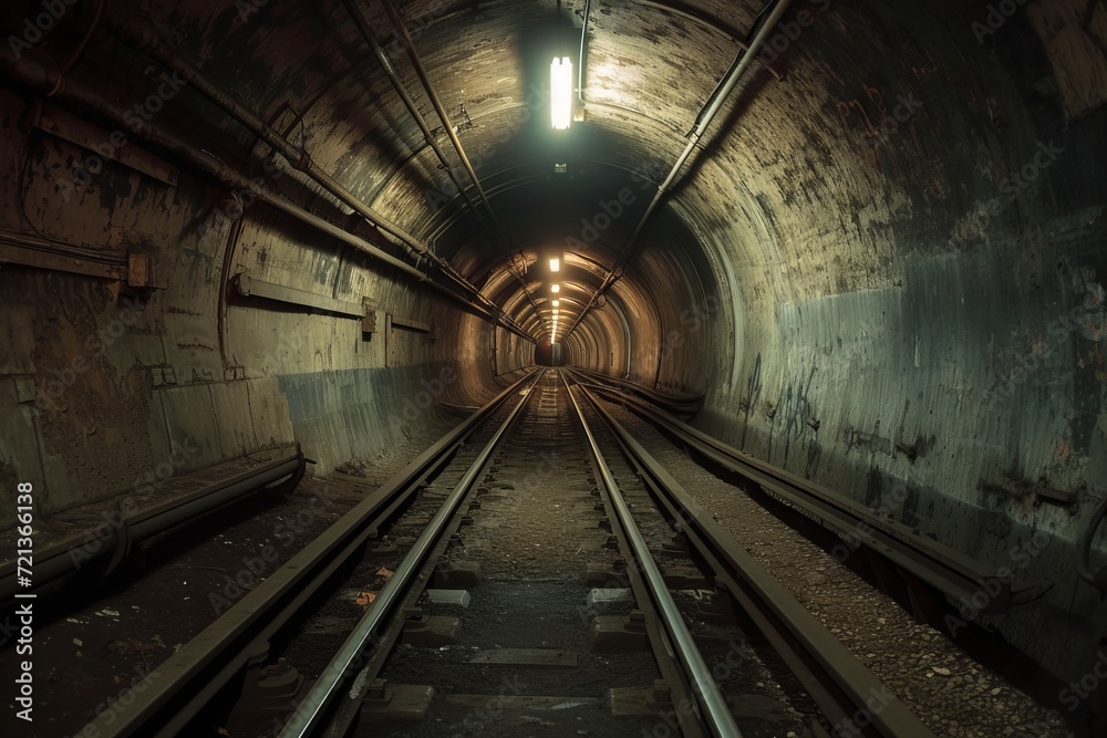 Fototapeta premium Subway Tunnel , Vanishig Point Mysterious Depths: The Vanishing Point of an Abandoned Subway Tunnel