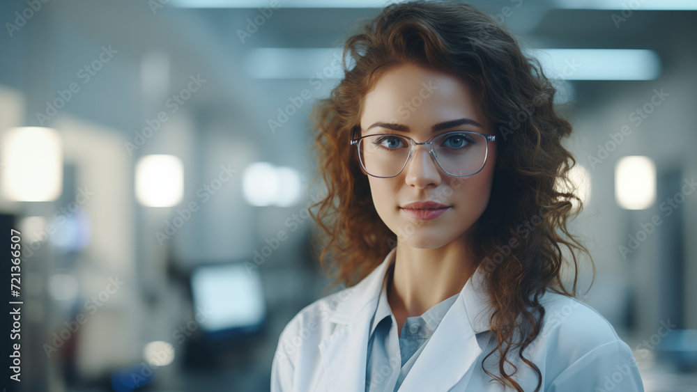 Fototapeta premium Beautiful young female scientist in a white coat and glasses in the laboratory