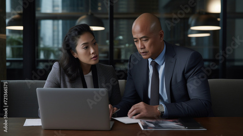 Collaborative Synergy in Diversity: Enthusiastic Latin Businessman and Asian Businesswoman Engaging in Productive Partnership, United in Strategy and Innovation over Laptop in Corporate Office Setting © Moritz