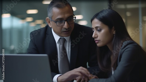 Collaborative Synergy in Diversity: Enthusiastic Latin Businessman and Asian Businesswoman Engaging in Productive Partnership, United in Strategy and Innovation over Laptop in Corporate Office Setting