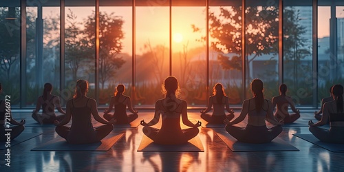 Yoga in serenity bodies in harmony silhouette against sunset glow. Health and wellness dance of poses vitality in flow. Nature embrace under sun watchful eye peace and balance grow © Wuttichai