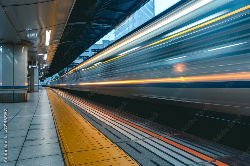 Train Passing Through a Station , Panning style Velocity Streaks: High-Speed Train Blurring Through a City Station