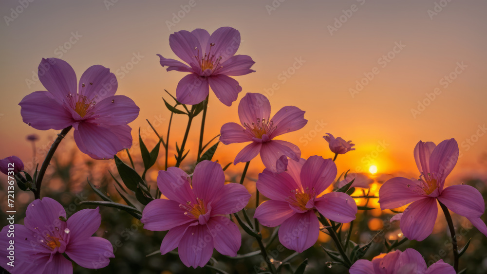 Beautiful pink flowers on the background of the sunset. AI